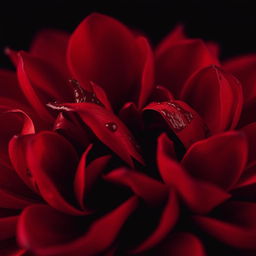 A close-up image featuring vivid red petals artistically covered in blood, set against a deep black background