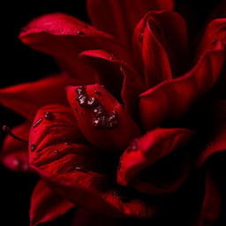 A close-up image featuring vivid red petals artistically covered in blood, set against a deep black background