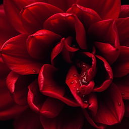 A close-up image featuring vivid red petals artistically covered in blood, set against a deep black background