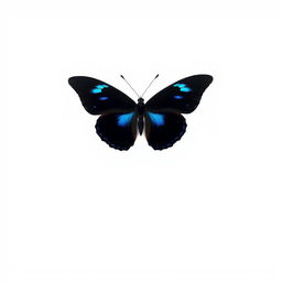 A black butterfly featuring striking blue accents, standing out prominently against a clean white background