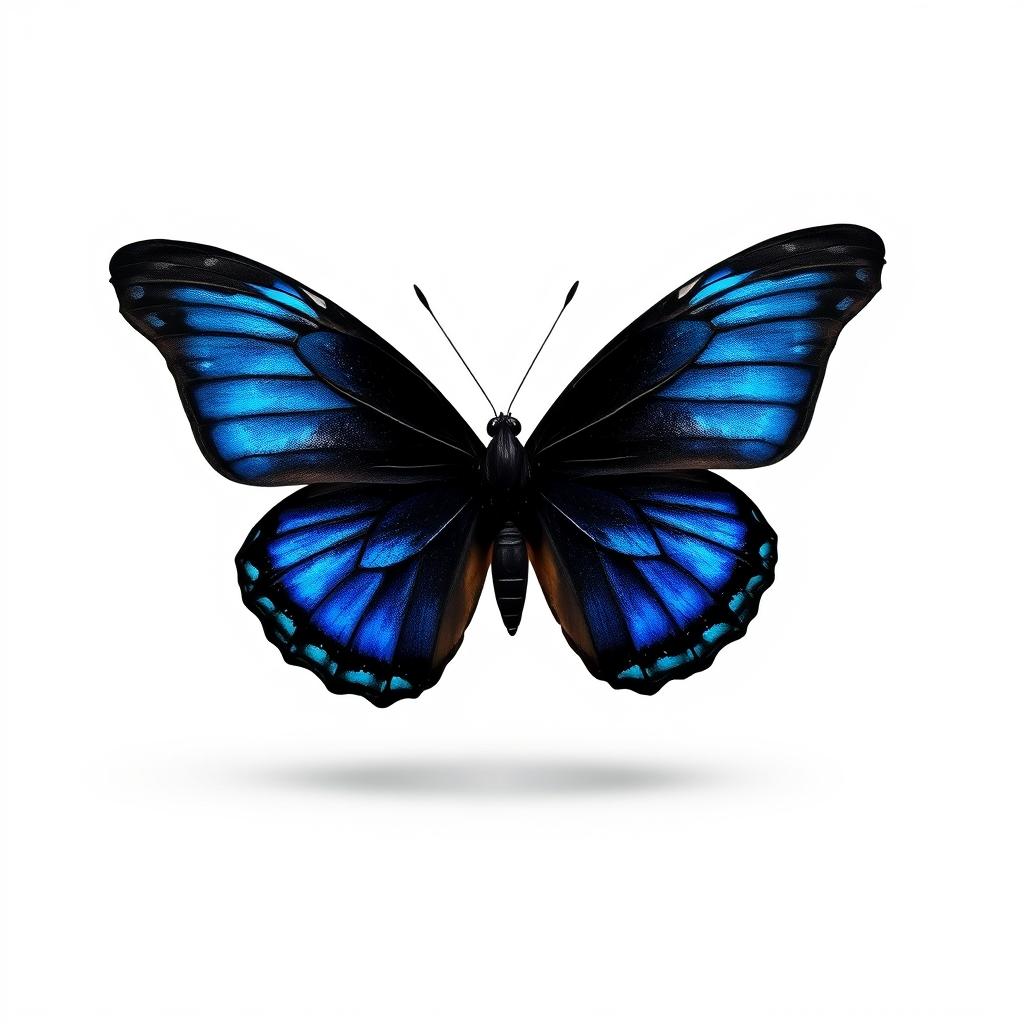 A black butterfly featuring striking blue accents, standing out prominently against a clean white background