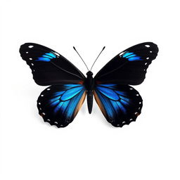 A black butterfly featuring striking blue accents, standing out prominently against a clean white background