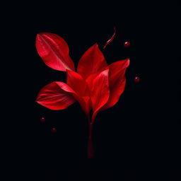 A captivating image of vibrant red petals artistically adorned with blood, set against a deep black background