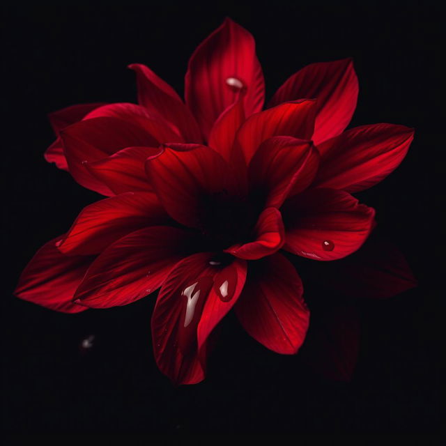 A captivating image of vibrant red petals artistically adorned with blood, set against a deep black background