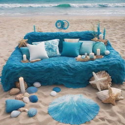 Design a festival scene with a theme inspired by the sea. Implement elements like waves, marine life, deep blue color tones, shells, and beach decorations, creating a lively, vibrant atmosphere capturing the essence of oceanic allure.