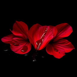 A captivating image of vibrant red petals artistically adorned with blood, set against a deep black background