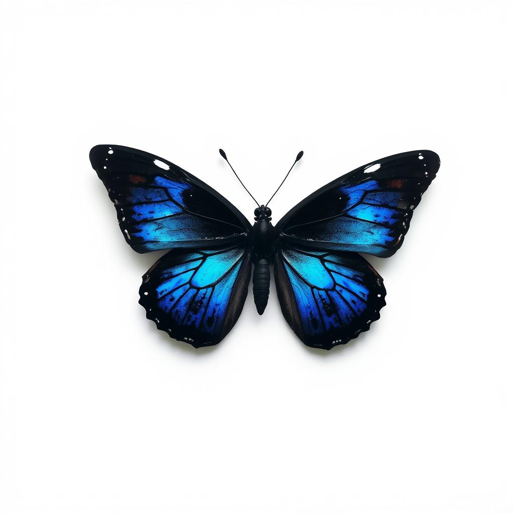 A black butterfly with vibrant blue accents, disintegrating in appearance, set against a clean white background