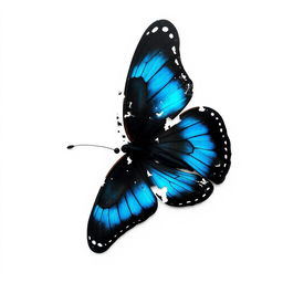 A black butterfly with vibrant blue accents, disintegrating in appearance, set against a clean white background