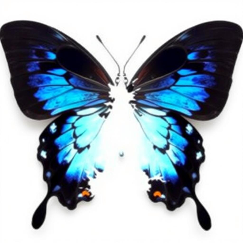 A black butterfly with vibrant blue accents, disintegrating in appearance, set against a clean white background