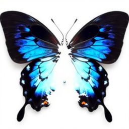 A black butterfly with vibrant blue accents, disintegrating in appearance, set against a clean white background