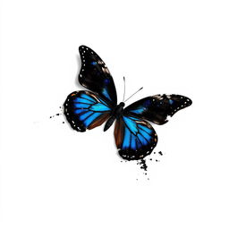 A black butterfly with vibrant blue accents, disintegrating in appearance, set against a clean white background