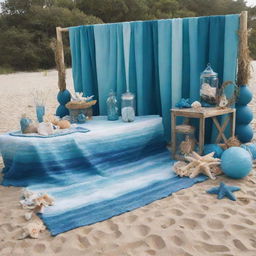 Design a festival scene with a theme inspired by the sea. Implement elements like waves, marine life, deep blue color tones, shells, and beach decorations, creating a lively, vibrant atmosphere capturing the essence of oceanic allure.