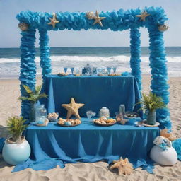 Design a festival scene with a theme inspired by the sea. Implement elements like waves, marine life, deep blue color tones, shells, and beach decorations, creating a lively, vibrant atmosphere capturing the essence of oceanic allure.