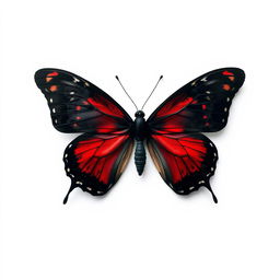 A black butterfly with vivid red accents, disintegrating or dissolving in appearance, set against a clean white background