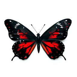 A black butterfly with vivid red accents, disintegrating or dissolving in appearance, set against a clean white background