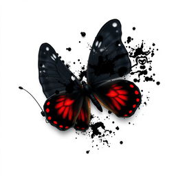 A black butterfly with vivid red accents, disintegrating or dissolving in appearance, set against a clean white background