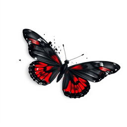 A black butterfly with vivid red accents, disintegrating or dissolving in appearance, set against a clean white background