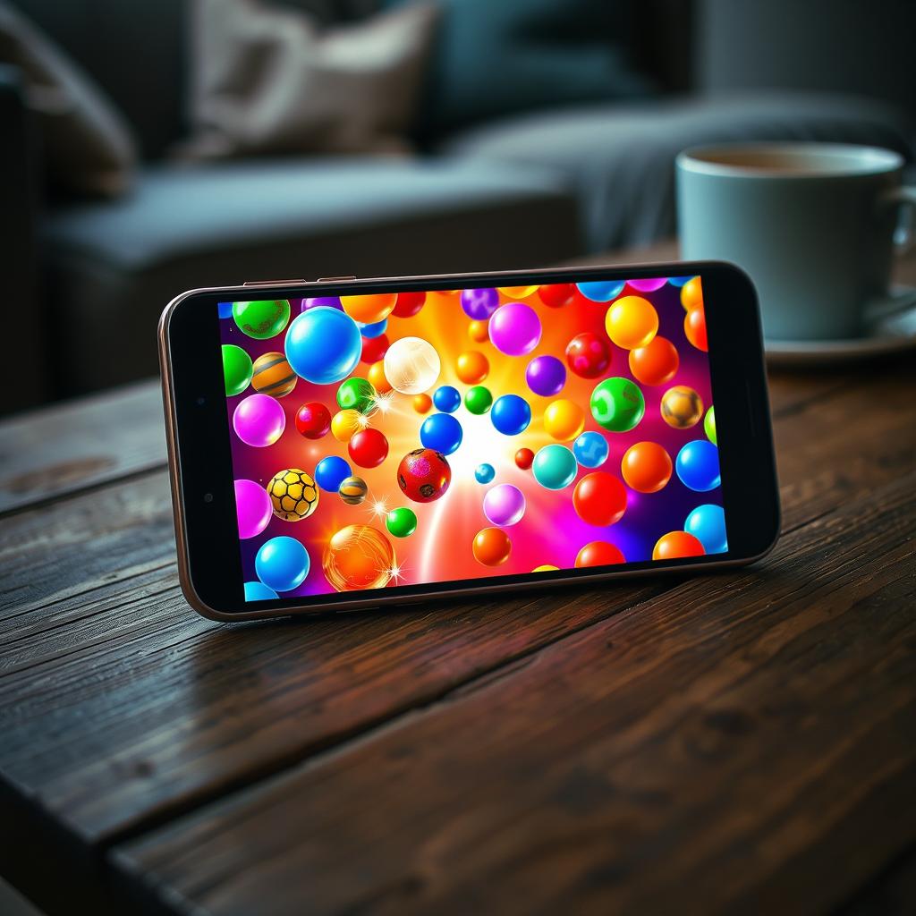 A modern smartphone displaying an engaging game interface filled with vibrant, colorful spheres of various sizes and patterns