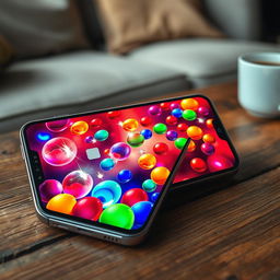 A modern smartphone displaying an engaging game interface filled with vibrant, colorful spheres of various sizes and patterns