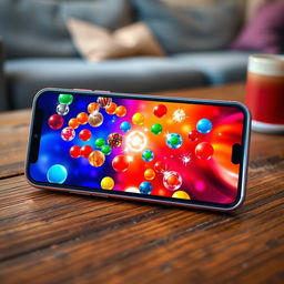 A modern smartphone displaying an engaging game interface filled with vibrant, colorful spheres of various sizes and patterns