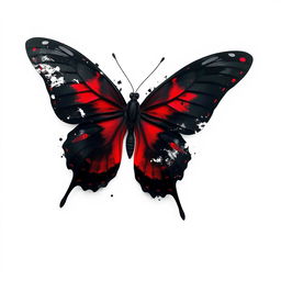 A black butterfly with vivid red accents, disintegrating or dissolving in appearance, set against a clean white background