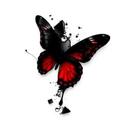 A black butterfly with vivid red accents, disintegrating or dissolving in appearance, set against a clean white background