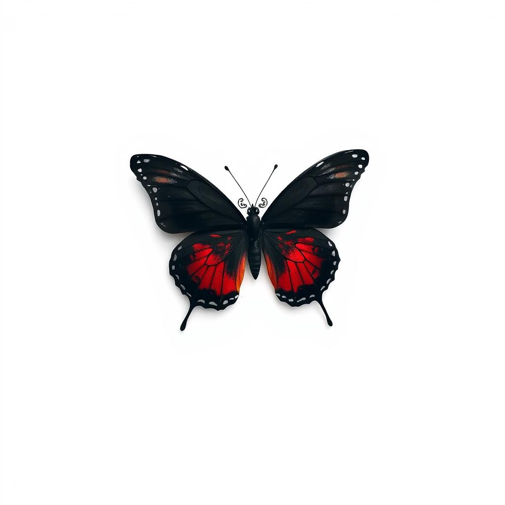 A black butterfly with vivid red accents, disintegrating or dissolving in appearance, set against a clean white background