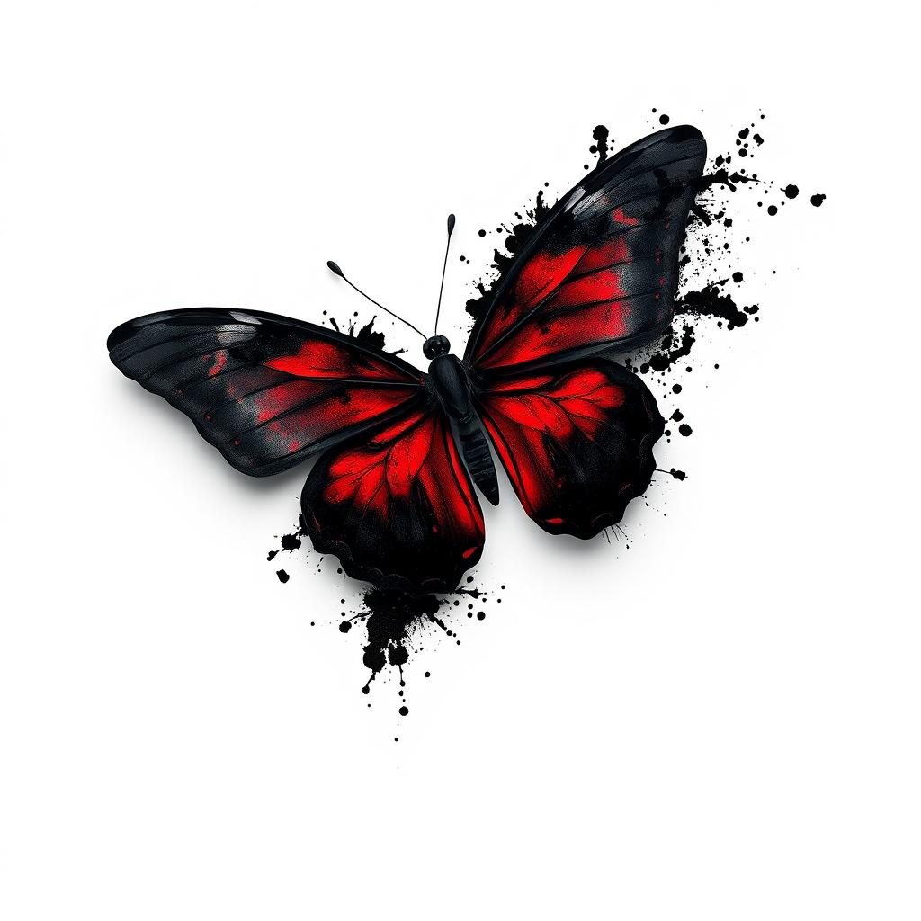 A black butterfly with vivid red accents, disintegrating or dissolving in appearance, set against a clean white background