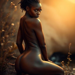 A striking and erotic depiction of a naked African woman, posed artistically in a soft, warm natural setting