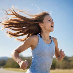 A determined girl in athletic clothes running swiftly with the wind blowing through her hair on a sunny day