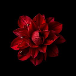 An evocative image of vivid red petals, intricately covered in blood, set against a stark black background