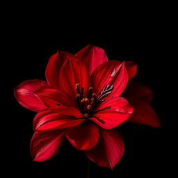 An evocative image of vivid red petals, intricately covered in blood, set against a stark black background