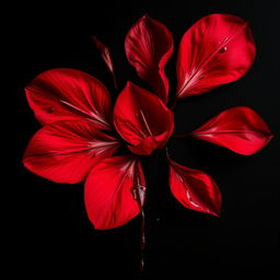 An evocative image of vivid red petals, intricately covered in blood, set against a stark black background