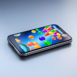 A close-up of a modern smartphone displaying a vibrant and colorful game featuring an array of bright, bouncy spheres in various sizes