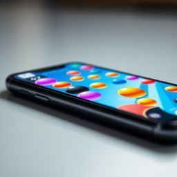 A close-up of a modern smartphone displaying a vibrant and colorful game featuring an array of bright, bouncy spheres in various sizes