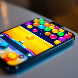 A close-up of a modern smartphone displaying a vibrant and colorful game featuring an array of bright, bouncy spheres in various sizes