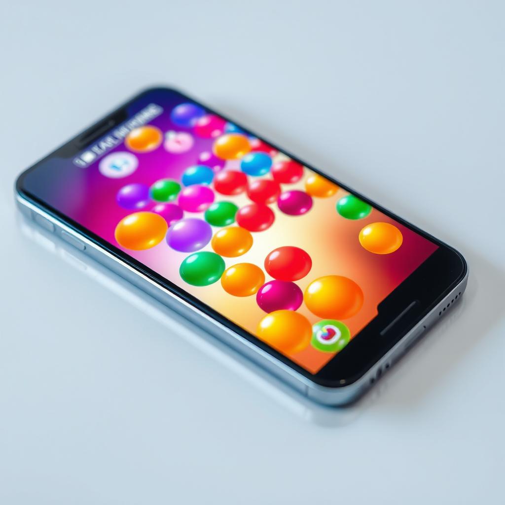 A close-up of a modern smartphone displaying a vibrant and colorful game featuring an array of bright, bouncy spheres in various sizes