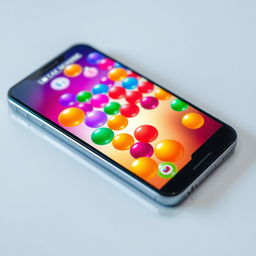 A close-up of a modern smartphone displaying a vibrant and colorful game featuring an array of bright, bouncy spheres in various sizes