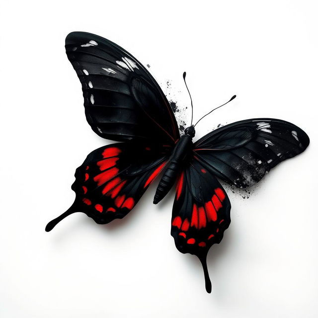 A black butterfly with striking red accents, disintegrating or dissolving gracefully, set against a pristine white background