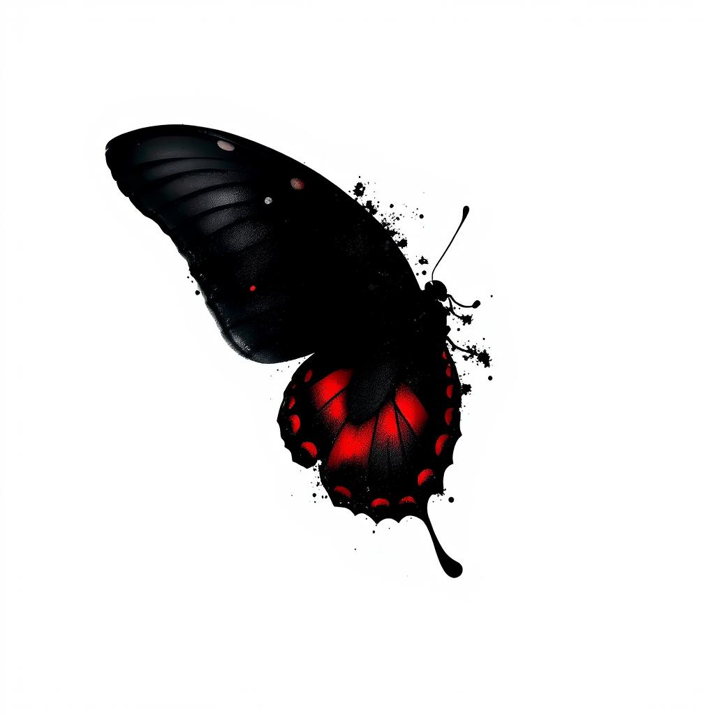 A black butterfly with striking red accents, disintegrating or dissolving gracefully, set against a pristine white background