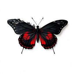 A black butterfly with striking red accents, disintegrating or dissolving gracefully, set against a pristine white background