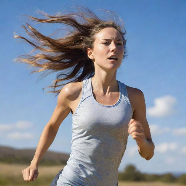 A determined girl in athletic clothes running swiftly with the wind blowing through her hair on a sunny day