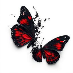 A black butterfly with striking red accents, disintegrating or dissolving gracefully, set against a pristine white background