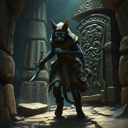 A cunning and agile Tabaxi scout, portrayed as a sleek and feline humanoid figure, navigates the shadowy interior of an ancient pyramid