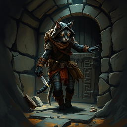 A cunning and agile Tabaxi scout, portrayed as a sleek and feline humanoid figure, navigates the shadowy interior of an ancient pyramid