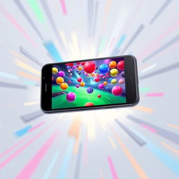 An eye-catching poster design featuring a floating, sleek smartphone showcasing a colorful video game on its screen