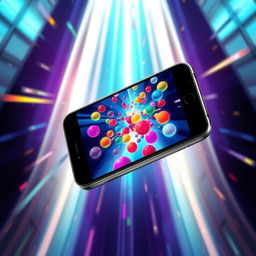 An eye-catching poster design featuring a floating, sleek smartphone showcasing a colorful video game on its screen