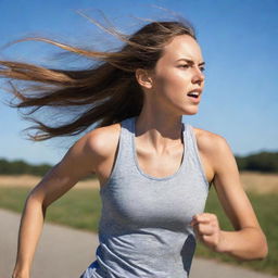 A determined girl in athletic clothes running swiftly with the wind blowing through her hair on a sunny day