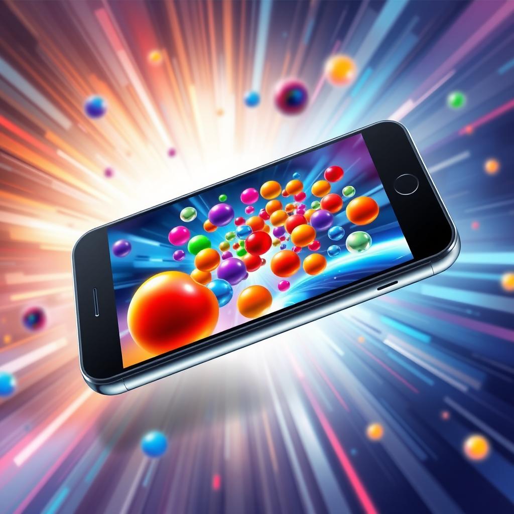 An eye-catching poster design featuring a floating, sleek smartphone showcasing a colorful video game on its screen