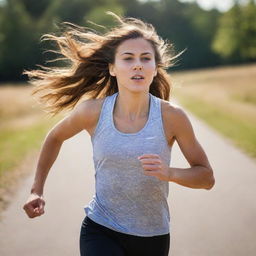 A determined girl in athletic clothes running swiftly with the wind blowing through her hair on a sunny day